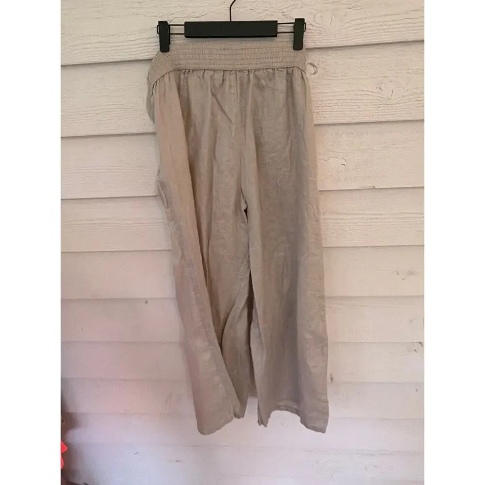Rachel Zoe 100% Linen Wide Leg Crop Pants Beige Pull On Medium - Picture 5 of 6